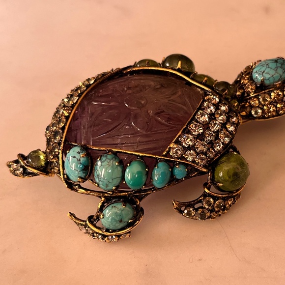 IRADJ MOINI Turtle Gemstone Brooch Pin Pendant 3.75" - Picture 5 of 10